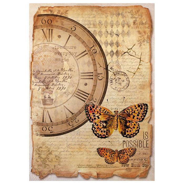 Stamperia A4 Decoupage Rice Paper - Clock and butterfly DFSA4241