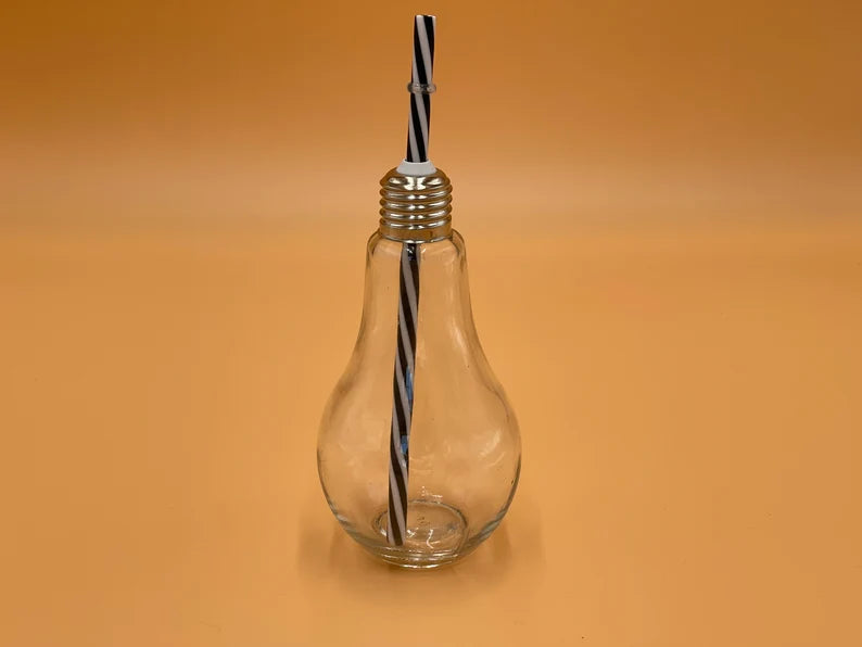 Glass Light Bulb shape. With straw and metal cap, in 3 colours