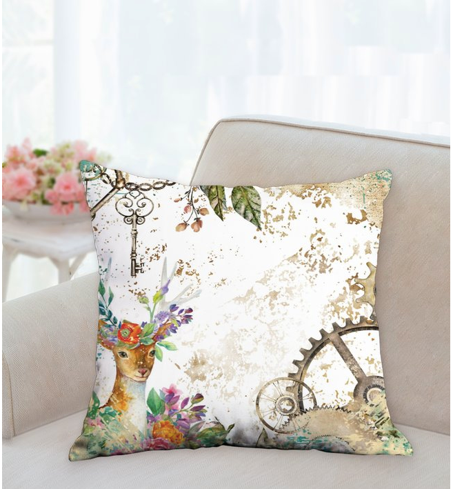 Dali Graham Designs - Clockwork Deer/ Orange Roses Cushion - 45.7 x 45.7 cm