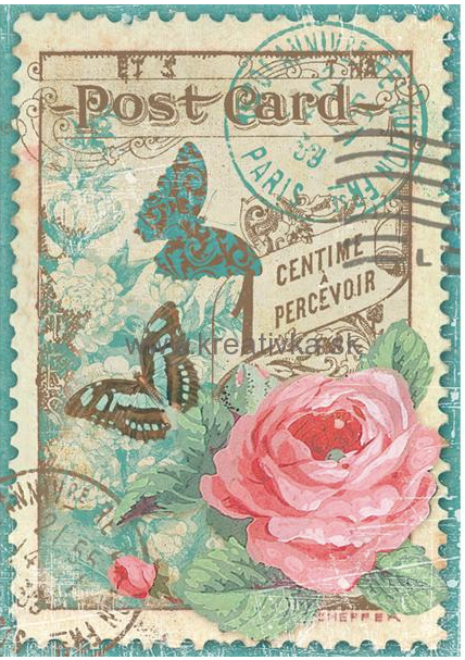 Stamperia A4 Decoupage Rice Paper - Postcard Vintage Rose Butterflies- DFSA4047